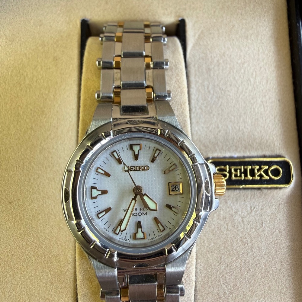 Seiko Womens Two Tone Stainless Steel Watch 7N82-0709 Sapphire 100M Date Box - Picture 10 of 10